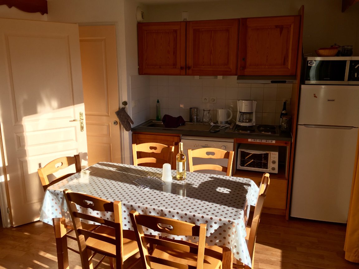 Le coin cuisine équipé de : 4 plaques de cuisson, hotte, frigo-congélateur, four, micro-onde et appareils pour les soirées conviviales (raclette, fondue, croque-monsieur)