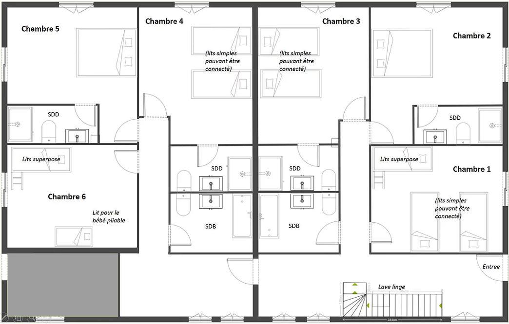 Planifiez dès maintenant comment vous allez partager les chambres :). A l'exception des chambres enfants (chambres 1 et 6), chaque chambre est équipée d'une grande salle de bain privée.