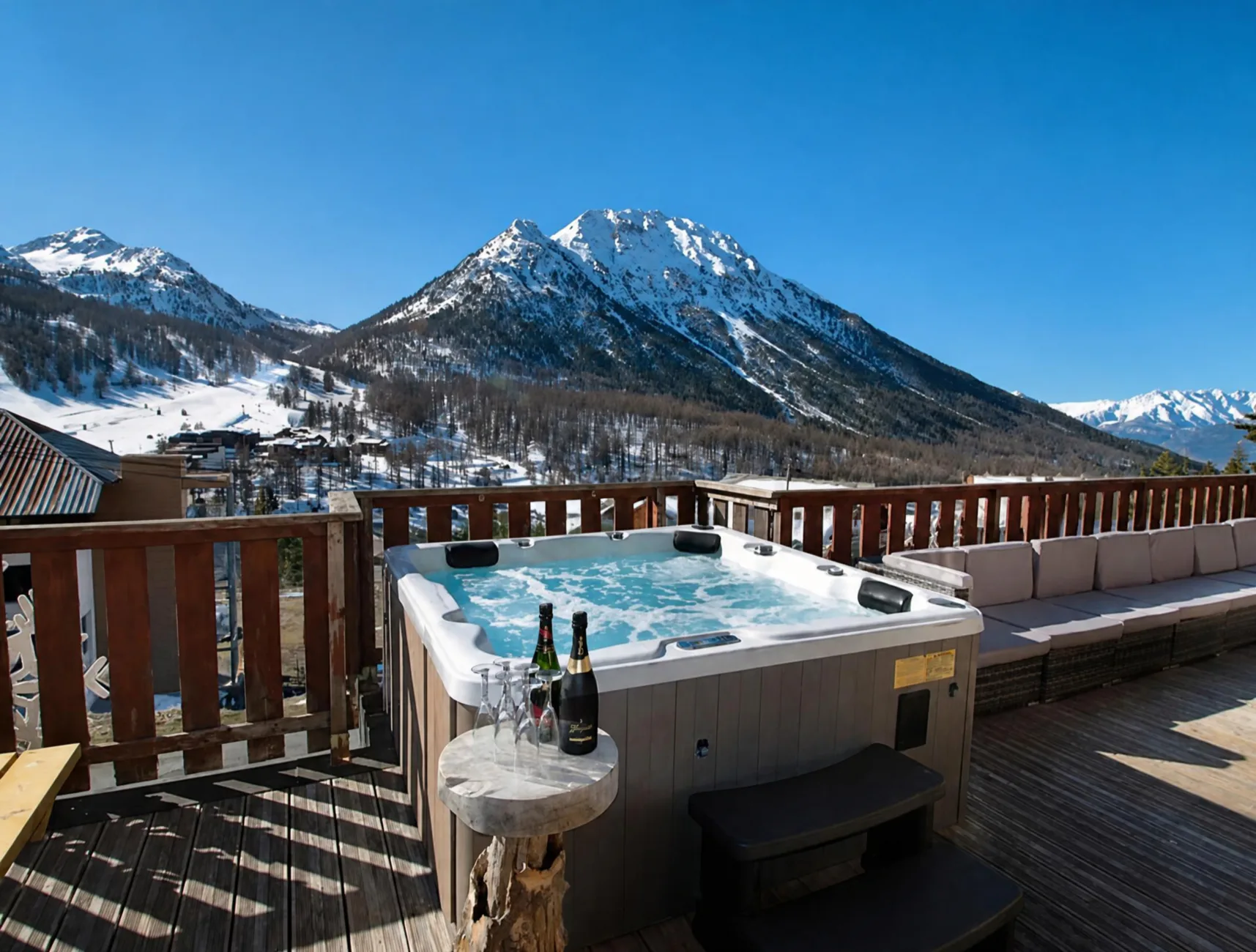 Jacuzzi sur la terrasse du chalet La Soldanelle à Montgenèvre avec champagne, salon de jardin et vue sur les pistes de ski et les montagnes enneigées