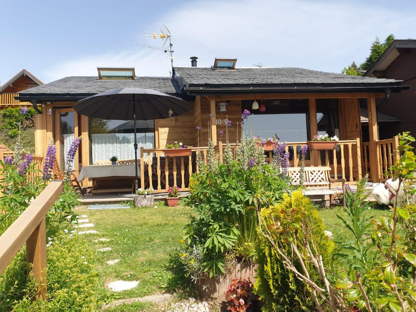 Le chalet vue de face en été, toiture et bardage rénové 