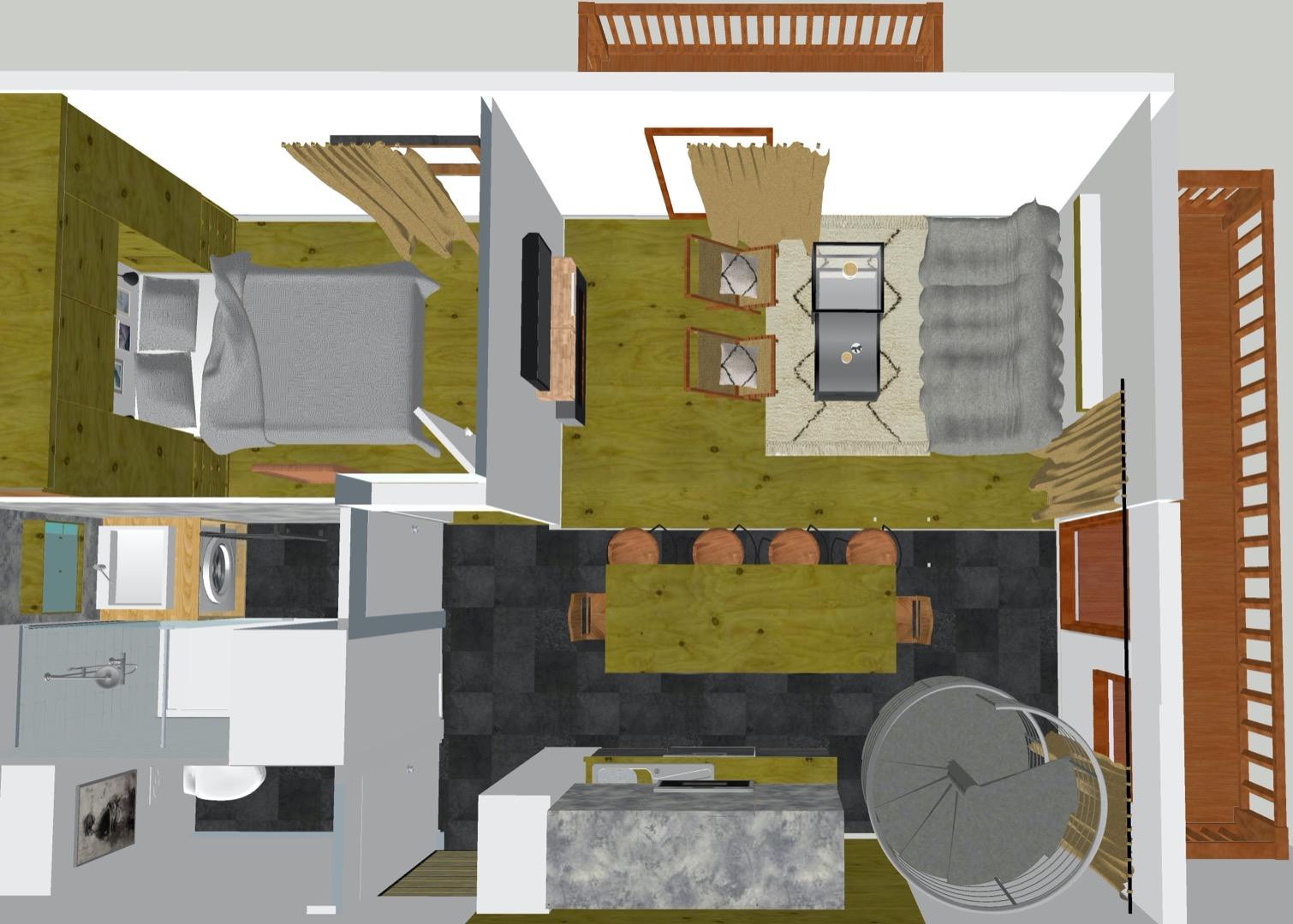 Plan du niveau inférieur après rénovation, comprenant 1 pièce à vivre avec cuisine ouverte, coin repas îlot et salon avec cheminée électrique.